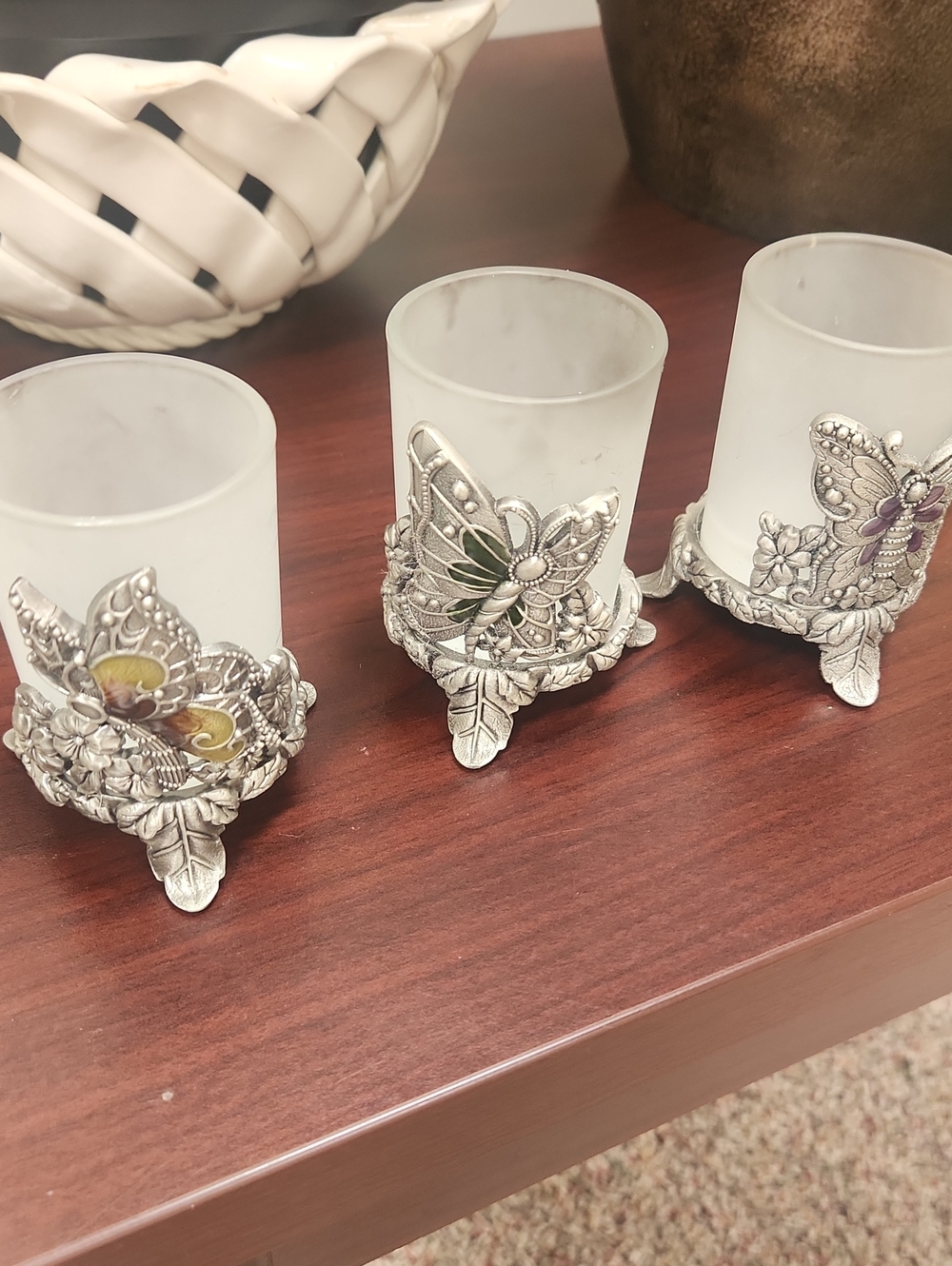 Decorative Silver Butterfly Votive Candle Holders - White Frosted Glass 3" Tall